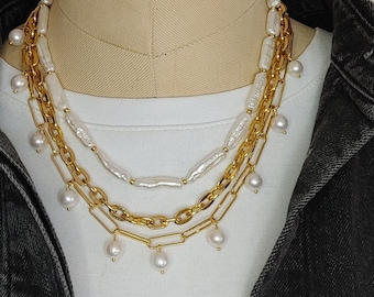 Paper Clip Freshwater Pearl dangle Necklace, Layering stack jewelry