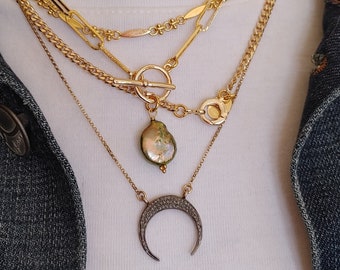 Echte Pave Diamant Halbmond Halskette, 14kt Gold Filled Kette celestial Layering Schmuck