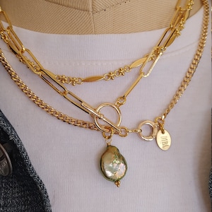 Coin Pearl Drop Paper Clip  Necklace, Gold Plated brass