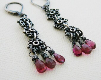 Oxidized Sterling Gemstone Earrings, Pink Tourmaline Antiqued Sterling Silver Long Dangle Jewelry