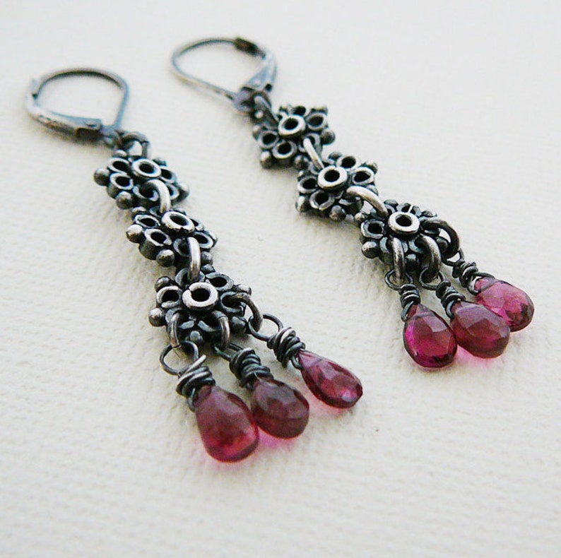 Oxidized Sterling Gemstone Earrings, Pink Tourmaline Antiqued Sterling Silver Long Dangle Jewelry image 1