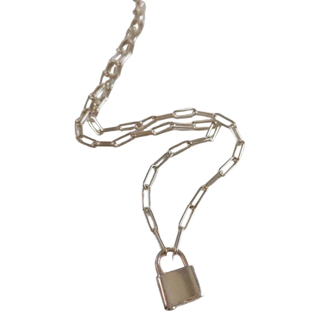 Sterling Silver Paper Clip Chain Necklace With Lock Clasp, 925 Stack