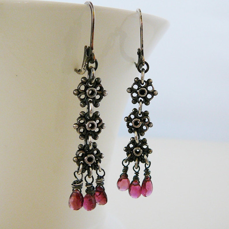 Oxidized Sterling Gemstone Earrings, Pink Tourmaline Antiqued Sterling Silver Long Dangle Jewelry image 2