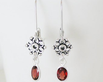 Sterling Gemstone Earrings, Garnet Antiqued Flower Sterling Silver Dangle BFF Jewelry Bridal Party Jewelry Bridesmaid Earrings