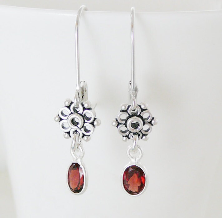 Sterling Gemstone Earrings Garnet Antiqued Flower Sterling - Etsy