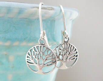 Sterling Silber Baum des Lebens Ohrringe, baumeln Ohrring, kleine runde symbolische Braut Schmuck