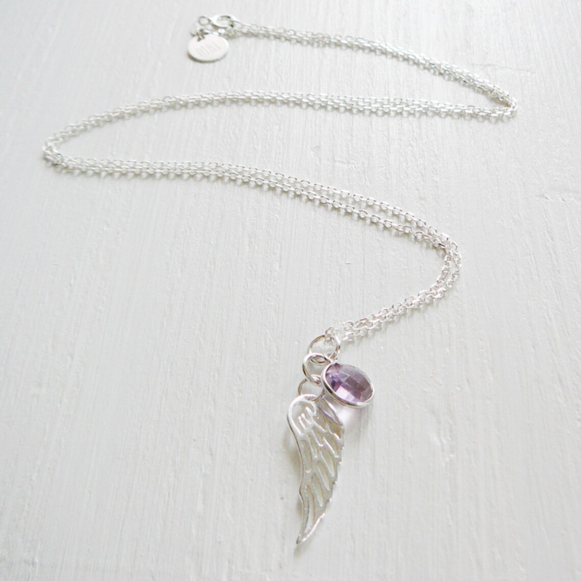 Angel Wing Necklace, Amethyst Sterling Silver, 24 Inch Long Chain Flat