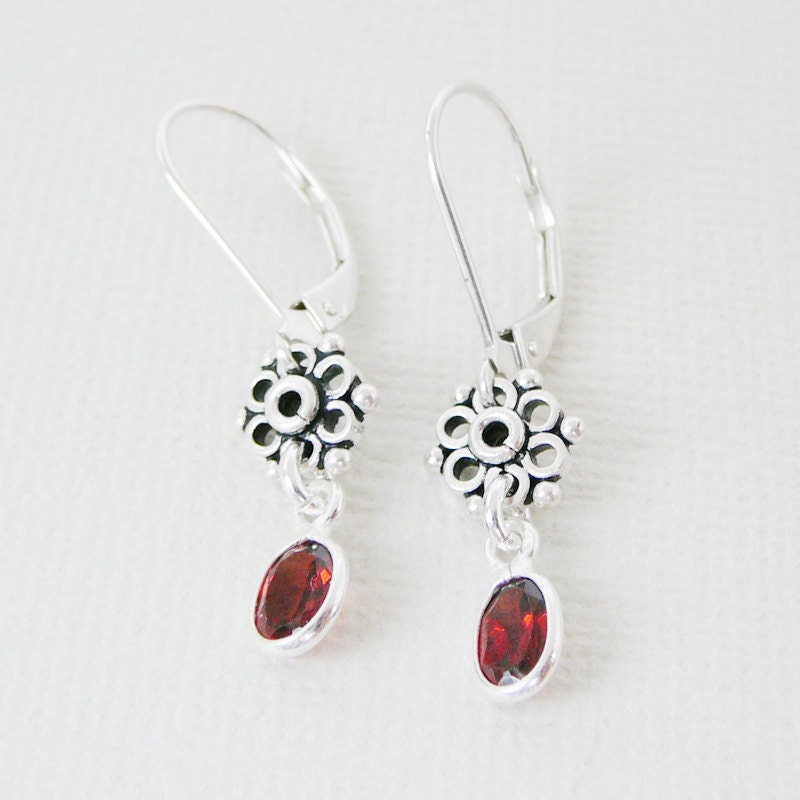 Sterling Gemstone Earrings Garnet Antiqued Flower Sterling - Etsy