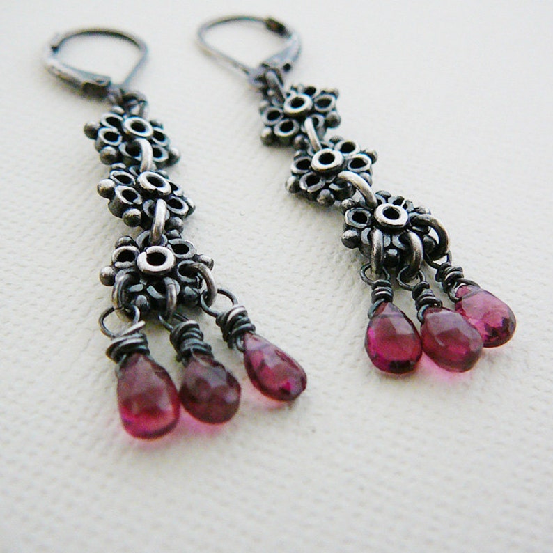 Oxidized Sterling Gemstone Earrings, Pink Tourmaline Antiqued Sterling Silver Long Dangle Jewelry image 3