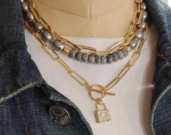 Graue Süßwasserperlenkette mit grauem Jaspis fokal, goldfarben, Herren Frauen Stapelkette
