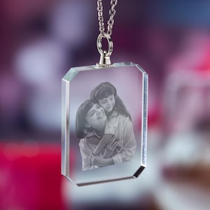 Personalized Crystal Photo Necklace Rectangle, Custom Etched Glass Picture Gift for Men Women Anniversary Birthday Memorial Pet Lover