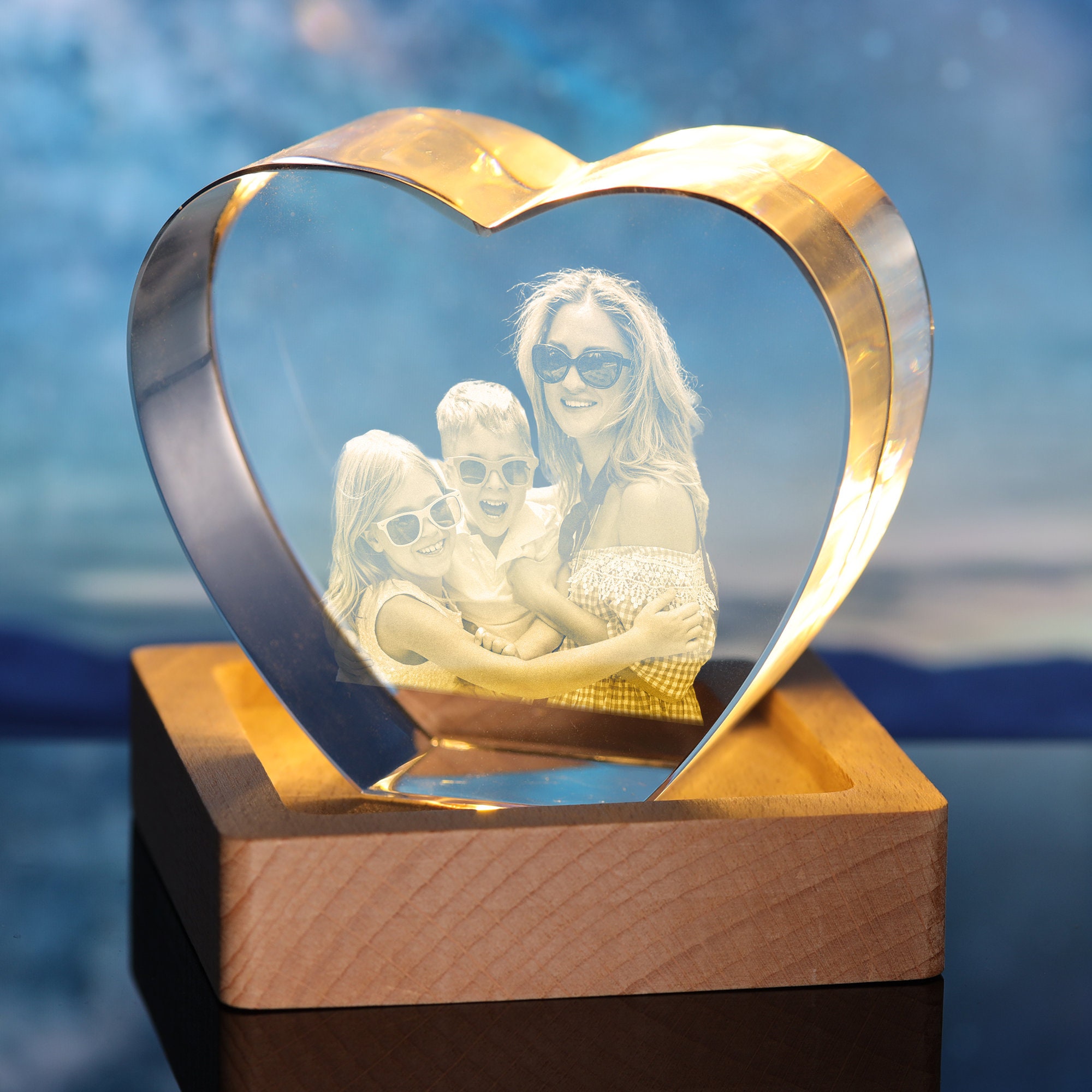 Foto Di Cristallo 3D Con Base Luminosa In Legno, Regalo Personalizzato Inciso Al Laser Per Papà, Mamma, Anniversario, San Valentino (8 Cm)