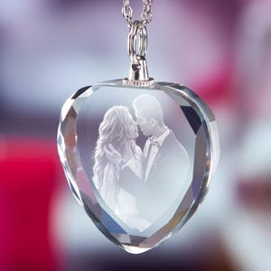 Personalized Crystal Photo Necklace Heart, Custom Etched Glass Picture Gift for Women Men, Valentine Anniversary Birthday Memorial Pet Lover