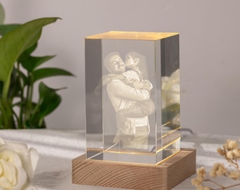 Personalized 3D Crystal Photo with Light Base, Custom Laser Etched Glass Picture Gift for Women Men Anniversary Birthday Memorial Pet Lover