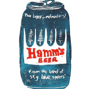 Hamm&#39;s Beer Vintage Can Linocut Block Print Design (5x7&quot; Digital Reproduction)