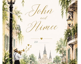 May include: A wedding welcome sign featuring a watercolour illustration of a New Orleans street scene with a musician playing a trumpet, hanging lanterns, and a distant cathedral. The text reads: WELCOME TO THE WEDDING OF John and Aimee 20.