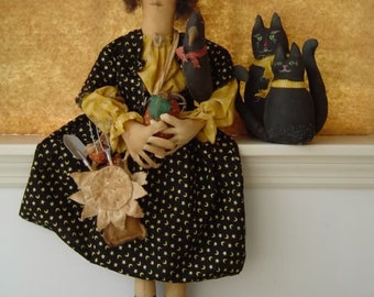 Primitive doll epattern, Doll with Sunflowers crows cats e pattern
