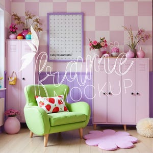 May include: A mock-up scene featuring a green armchair with a strawberry-patterned pillow, set against a backdrop of pink lockers and a framed grid. The room is decorated with vases of flowers and a flower-shaped rug. The text "fairyframestudio" is visible.