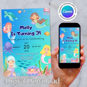 Kids Mermaid Birthday Party Invitation, Editable Canva Under the Sea Invite, Childrens  Mobile Digital Evite, Print at home or print shop