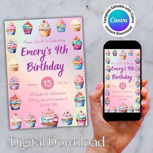Invitación de cumpleaños con cupcakes: Dulces infantiles, editable para móvil (Descarga digital)