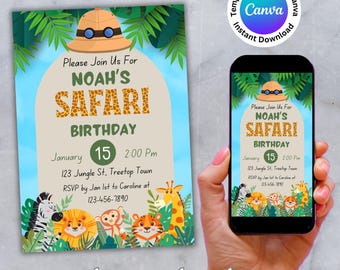 Safari Birthday Invitation: Jungle Animals, Editable Evite (Digital Download)