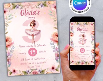May include: Pink and white printable invitation with a floral border. The invitation features a cartoon ballerina girl with a pink tutu and the text "Olivia's Turning 3". The invitation includes the text "Please Join Us To Celebrate January 15 2:00 PM 123 Swan St, Glittertown RSVP by Jan 1st to Caroline at 123-456-7890".