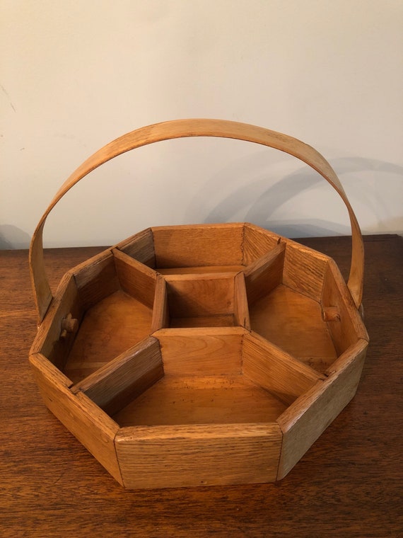 Vintage Hexagon wooden organizer with movable wooden handle