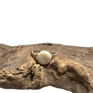 May include: A gold ring with a white round shell stone.