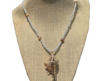 Handmade pearl and shell charm necklace