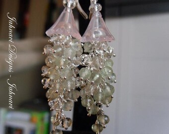 Jahnavi -  Carved Rose Quartz Flowers and Prehnite Earrings