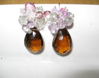 Kusumakara Earrings - Cognac Quartz,Green Amethyst,Pink Amethyst,Rose Quartz,Moonstone and Pink Topaz