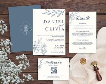 Conjunto de convites florais para casamento: Azul-poeira minimalista (download digital)