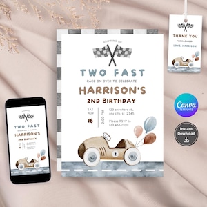Two Fast Birthday Invitation: Vintage Race Car, Editable Canva Template (Digital Download)