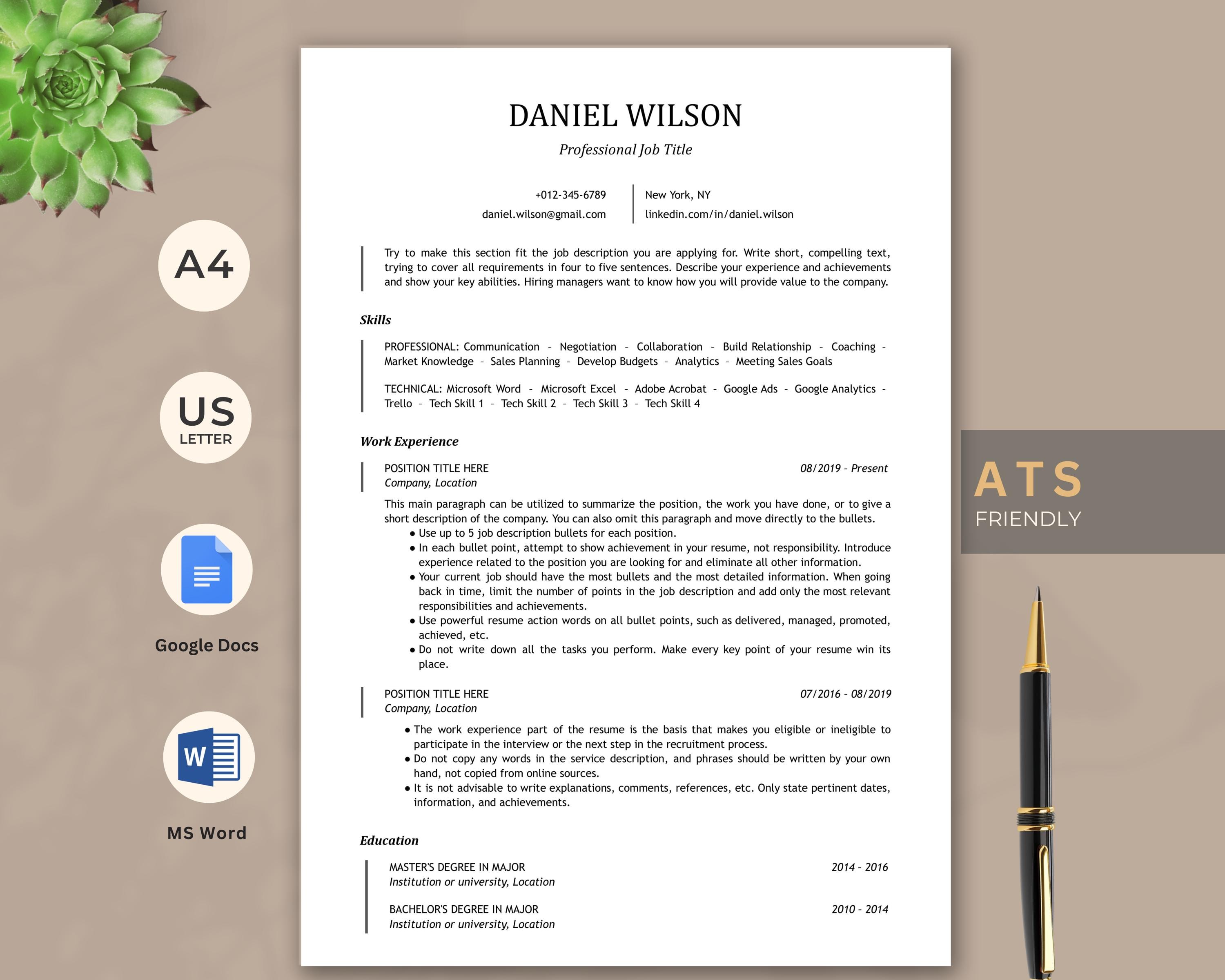 ATS Friendly Resume Template , Executive Resume Template Google Docs MS ...