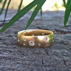 Scattered Diamond Wedding Band | Celestial Wedding Ring | Wide Gold Diamond Ring | 14k or 18K Gold