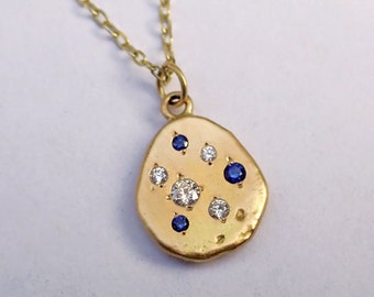 Gold Charm Necklace, Diamonds and Sapphires, Handmade Jewelry, One Of A Kind Gift