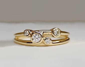 Diamond Wedding Ring, Bezel Set Cluster Ring, Yellow, White or Rose Gold, Stones Customizable