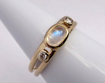 Moonstone and Diamond Gold Ring, Three Stone Ring