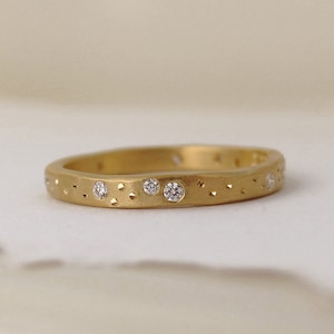 Eternity Wedding Band Gold Celestial Ring Scattered Diamond Ring Unique Handmade Jewelry image 1