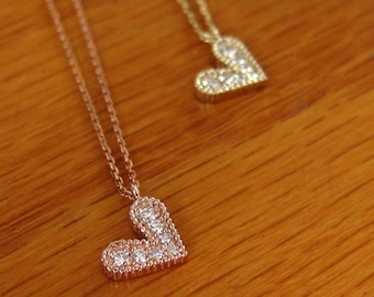 Gold Heart Diamond Necklace | Yellow, Rose or White Gold Solid 14k Gold