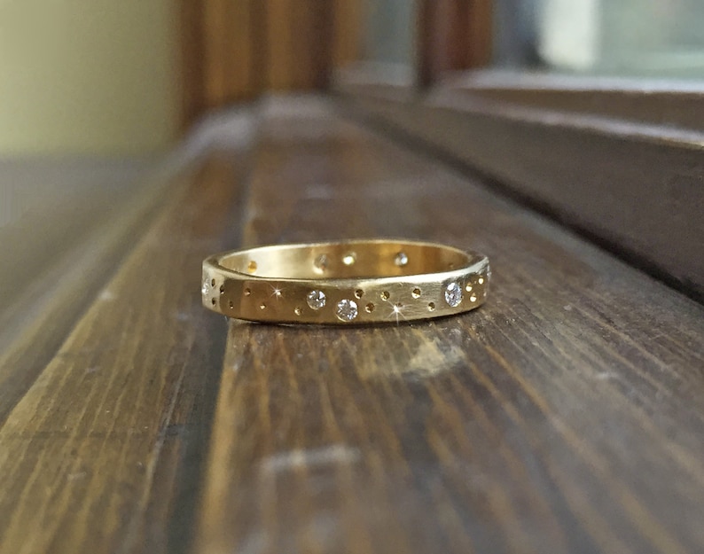 Eternity Wedding Band Gold Celestial Ring Scattered Diamond Ring Unique Handmade Jewelry image 3