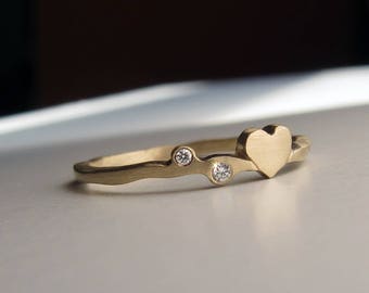 Gold Heart Ring,  Dainty Diamond Ring,  Handmade Jewelry