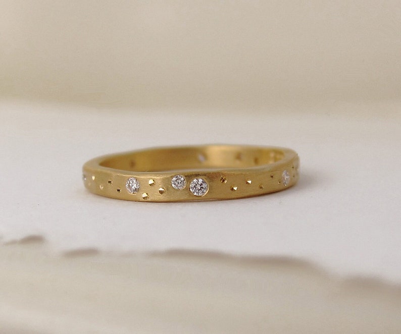 Eternity Wedding Band Gold Celestial Ring Scattered Diamond Ring Unique Handmade Jewelry image 1
