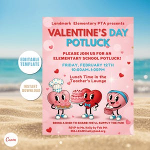 May include: A pink Valentine's Day Potluck poster featuring heart-shaped characters with food. The poster includes the text "Landmark Elementary PTA presents VALENTINE'S DAY POTLUCK" and event details for February 12th.