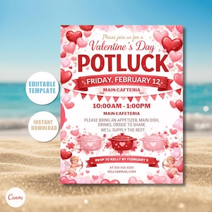 Op de afbeelding: Uitnodiging voor een Valentijnsdag potluck met rode en roze harten, met de tekst "POTLUCK". De uitnodiging bevat evenementdetails: vrijdag 12 februari, 10:00 - 13:00 uur, en RSVP-informatie. Het ontwerp bevat cherubs.
