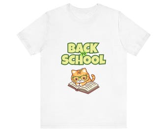 May include: White t-shirt with a green and yellow "Back to School" graphic and a cartoon cat wearing glasses and reading a book.