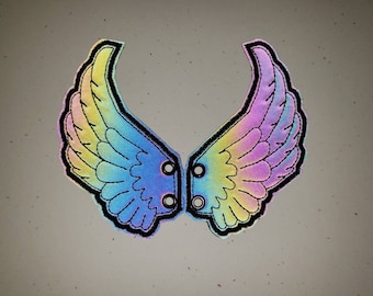 Angel skate/shoe wings for boots and skates, black reflective rainbow safety fabric with black stitching rts