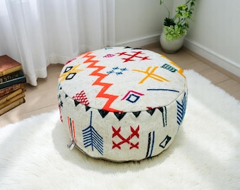 Handmade Moroccan Kilim Pouf, Round Wool Ottoman, Boho Floor Cushion