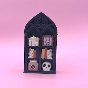 May include: A dark blue miniature gothic-style bookshelf with various decorative items. It features candles, a framed butterfly, books, gargoyles, a jar, and a skull. The shelf is set against a pink background.