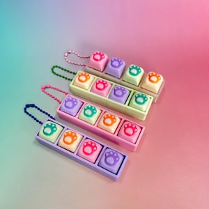Puede incluir: Cuatro llaveros con diseños de huellas de patas en varios colores: rosa, morado, naranja, verde y crema. Cada llavero tiene cinco teclas con huellas de patas. Los llaveros están sujetos a una cadena con un cierre.